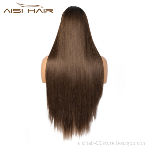 Aisi Hair 30 Inch Long Silky Straight Ombre Brown Dark Root Swiss Lace Wig Cheap Synthetic Hair Lace Front Wigs For Black Women